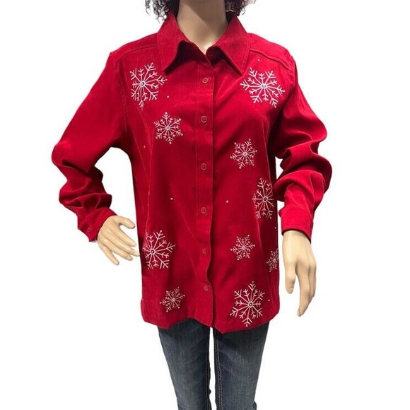 Quacker Factory Tops - Womens Quacker Factory Red Embroidered Snowflake Long Sleeve Button Up Shirt Med